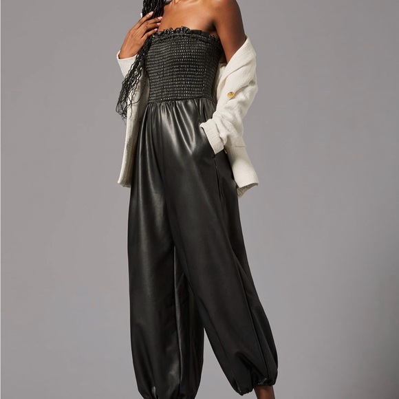 Anthropologie Pants - Anthropologie Faux Leather Black Strapless Balloon Jumpsuit